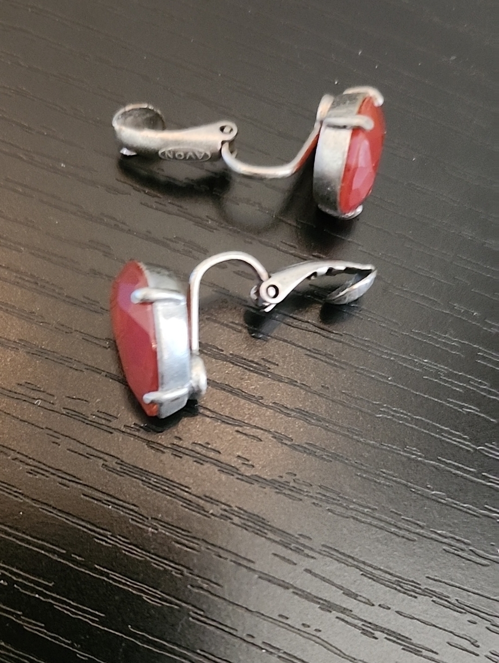 Red Faceted Clip-On Earrings - Silver Tone